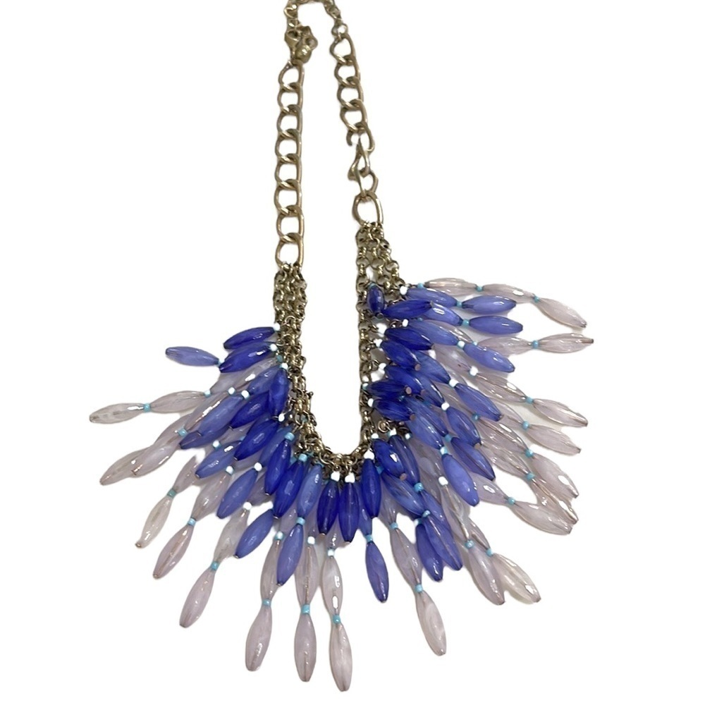 TRIPLE Layered Beaded Boho Statement Necklace Blue White - Picture 2 of 4